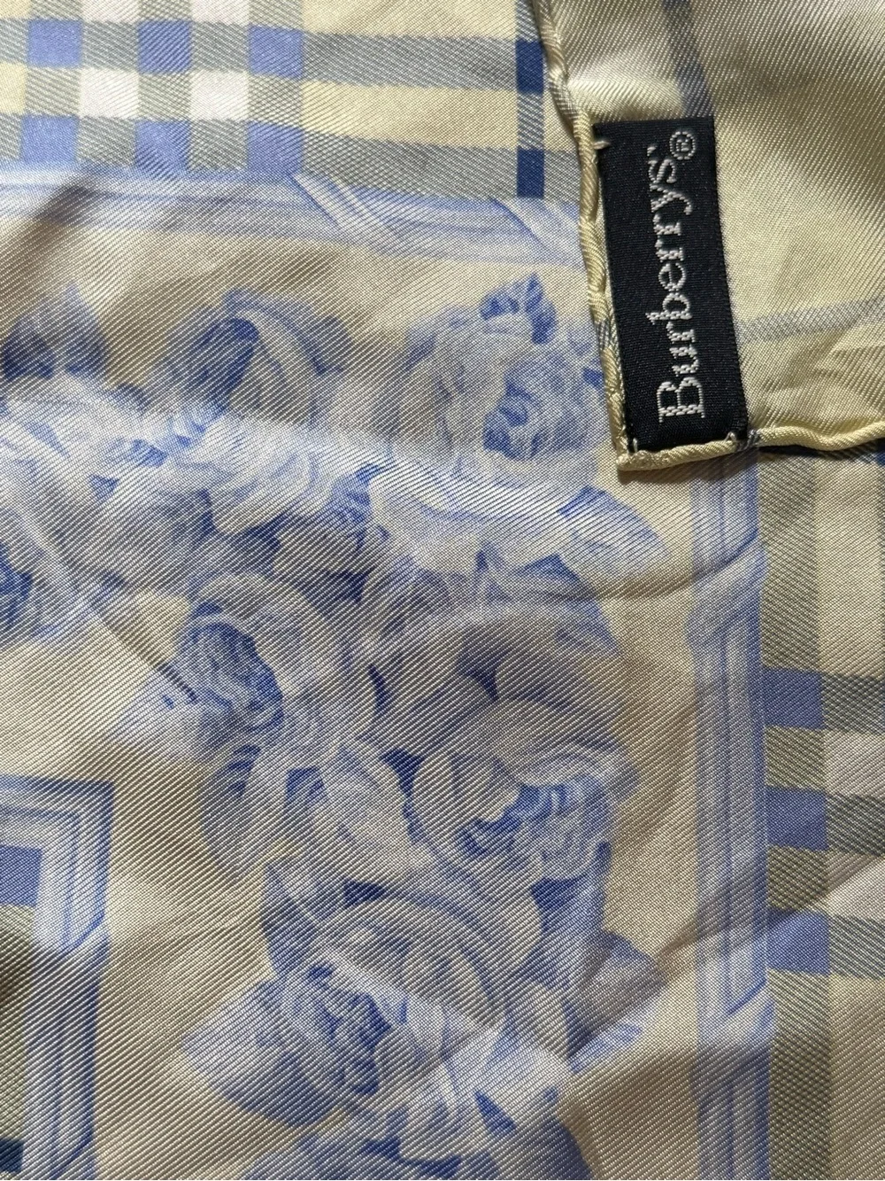 Burberry Cream and Blue Plaid Floral Silk Scarf. Vintage. Brand New.